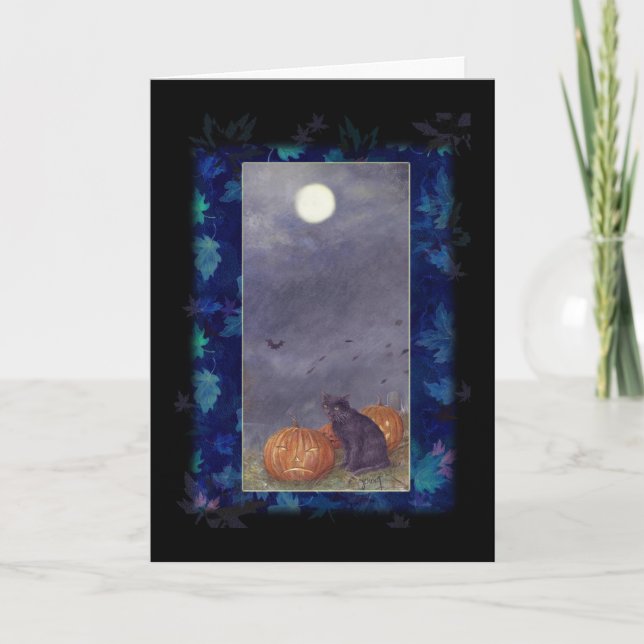 BLACK CAT FULL MOON HALLOWEEN GREETING CARD (Front)