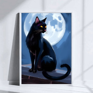 Black Cat   Full Moon Pet Painting Watercolor Poster
