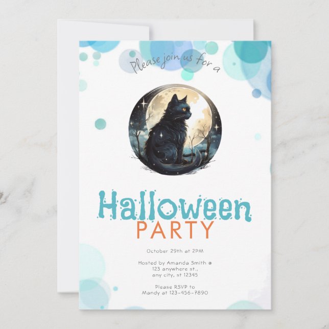 Black Cat Full Moon Stars Cute Halloween Party Invitation (Front)