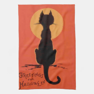 Black Cat Full Moon Yellow Orange Tea Towel