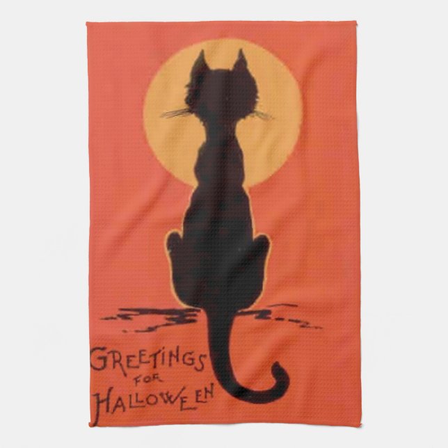 Black Cat Full Moon Yellow Orange Tea Towel (Vertical)