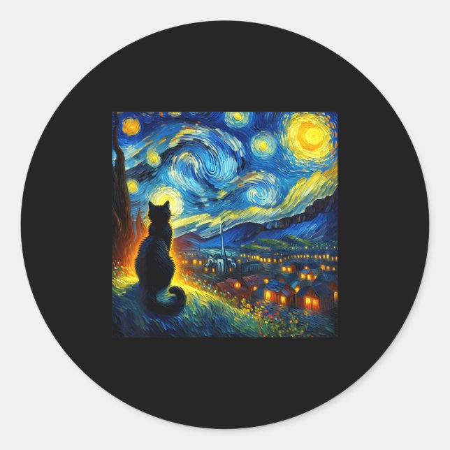 Black Cat Funny Cat Lover Mom Daddy Starry Night V Classic Round Sticker (Front)