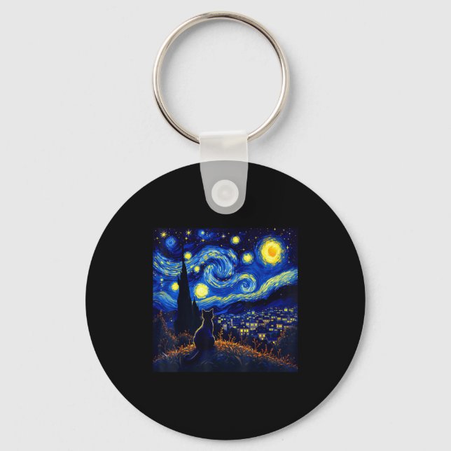 Black Cat Funny Cat Lover Mom Daddy Starry Night V Key Ring (Front)