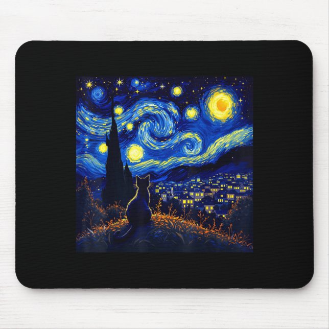 Black Cat Funny Cat Lover Mom Daddy Starry Night V Mouse Mat (Front)