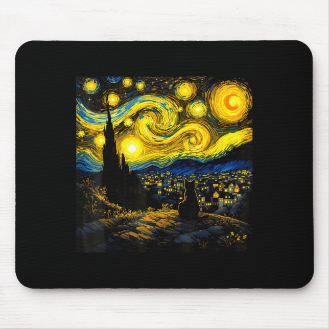 Black Cat Funny Cat Lover Mom Daddy Starry Night V Mouse Mat (Front)