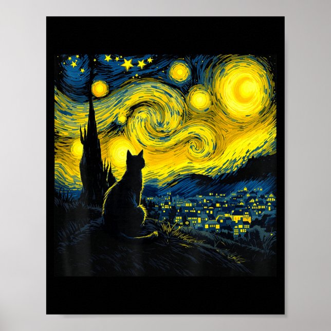 Black Cat Funny Cat Lover Mom Daddy Starry Night V Poster (Front)