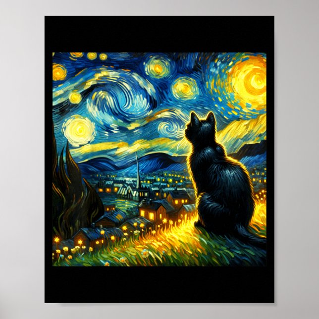 Black Cat Funny Cat Lover Mom Daddy Starry Night V Poster (Front)