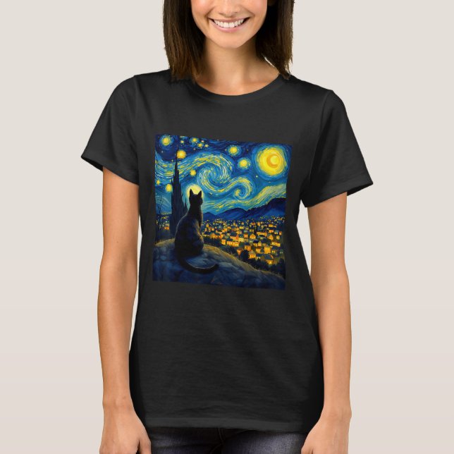 Black Cat Funny Cat Lover Mom Daddy Starry Night V T-Shirt (Front)