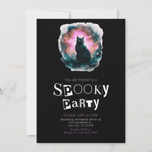 Black Cat Galaxy Modern Minimalist Halloween Invitation (Front)