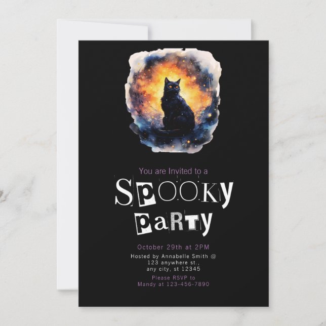 Black Cat Galaxy Modern Minimalist Halloween Invitation (Front)