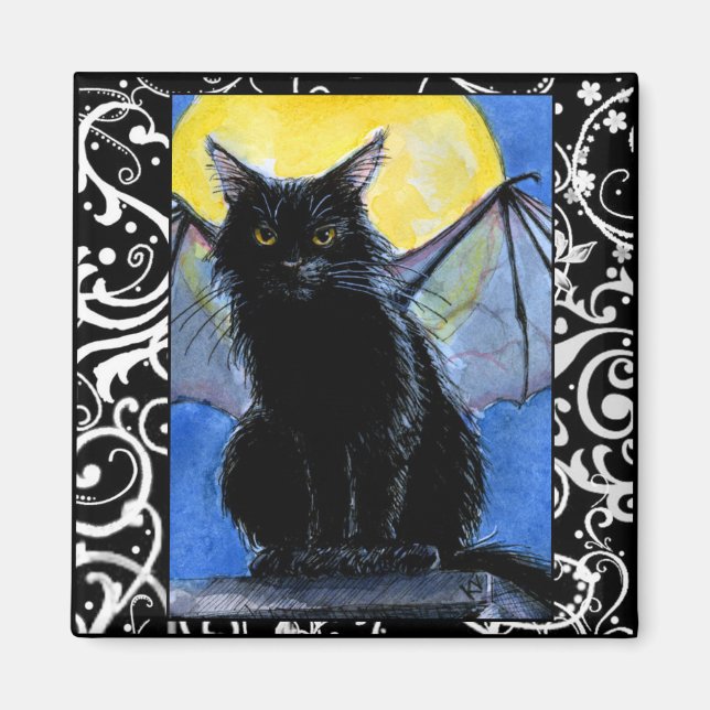 Black cat gargoyle Halloween kitten magnet (Front)