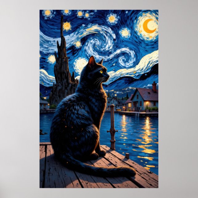 Black cat gazing at a starry night dockside scene  poster (Front)