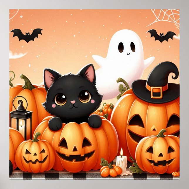 Black Cat, Ghost and Jack-O-Lanterns Poster (Front)