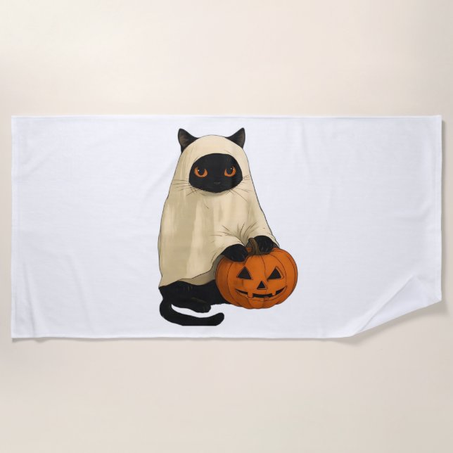 Black Cat Ghost with Pumpkin Essential T-Shirt Beach Towel (Front)