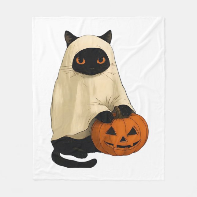 Black Cat Ghost with Pumpkin Essential T-Shirt Fleece Blanket (Front)