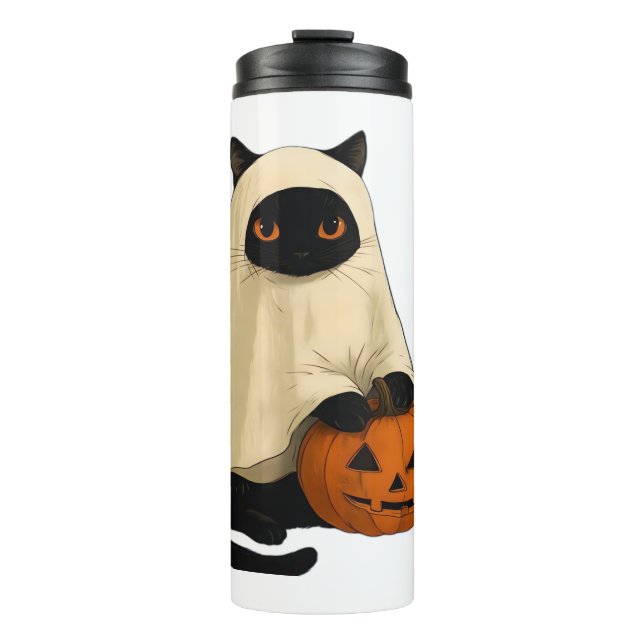Black Cat Ghost with Pumpkin Essential T-Shirt Thermal Tumbler (Front)