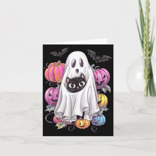 Black Cat Ghost With Pumpkins Spooky Halloween Card