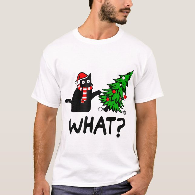  Black Cat Gift Pushing Christmas Tree Over Cat  T-Shirt (Front)