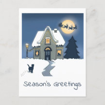 Black Cat going Home in Snowy Night with Santa