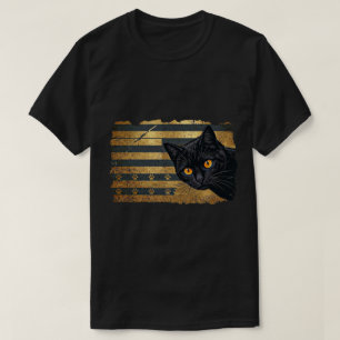 Black Cat Gold Foil Stripe Paw Print Art T-Shirt