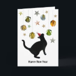 Black Cat Gold Paper Balls Card<br><div class="desc">A black cat wearing a red hat gazes up at stars and gold balls on this distinctive mid century styled Happy New Year card.</div>