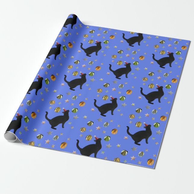 Black Cat Gold Stars Blue Wrapping Paper (Unrolled)