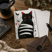 Black Cat Gothic Art Red Black Modern Feline Illus