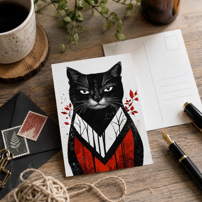 Black Cat Gothic Art Red Black Modern Feline Postcard (Creator Uploaded)