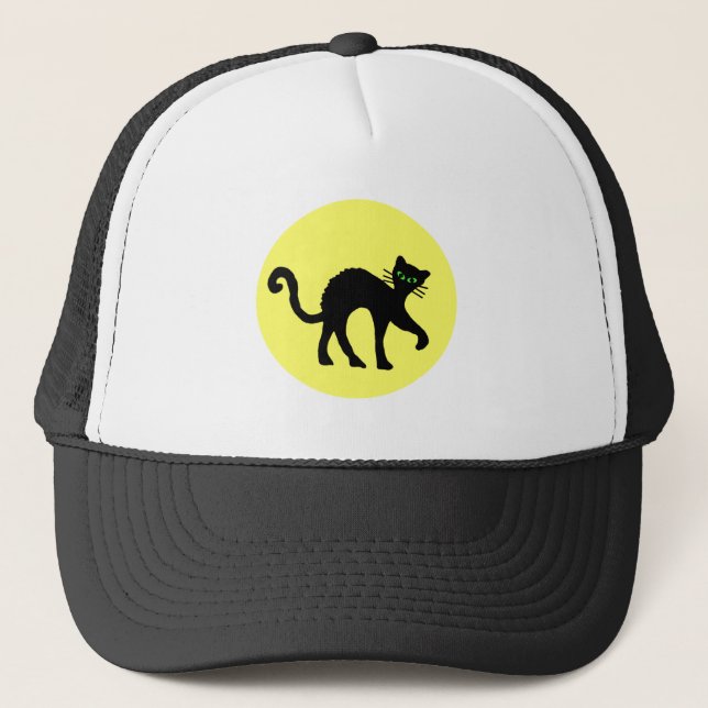 Black Cat Green Eyes Full Yellow Moon Trucker Hat (Front)