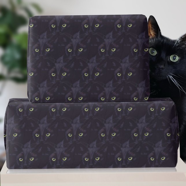 Black Cat Green Eyes Pattern Pet Birthday Wrapping Paper (Know a green eyed cat? Need to wrap a gift for them? This is the wrapping paper just for them)