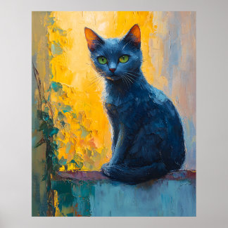 black cat, green eyes, whimsical cat, colorful bac poster