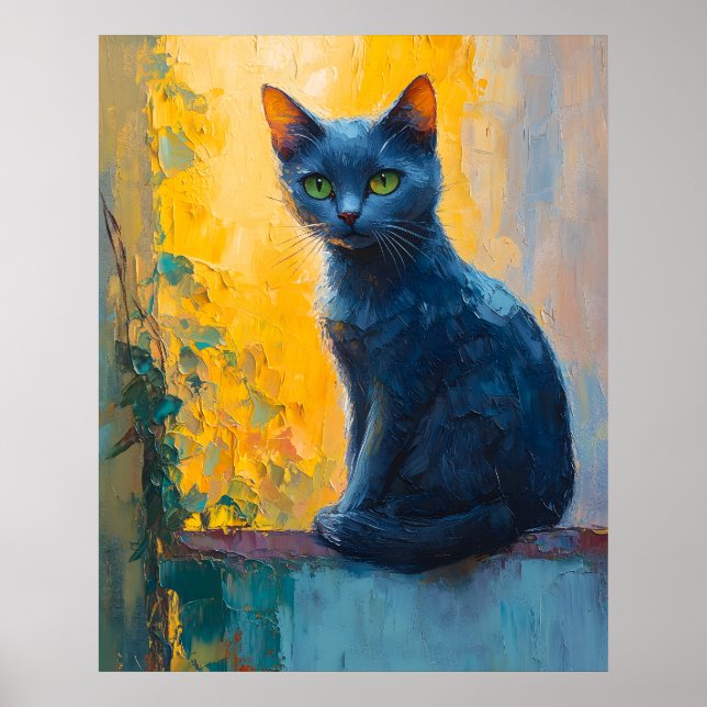 black cat, green eyes, whimsical cat, colorful bac poster (Front)