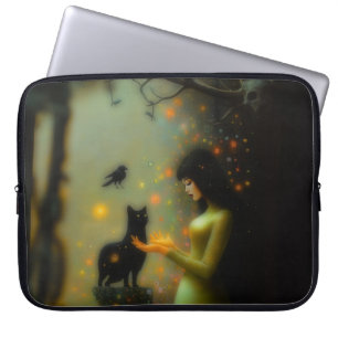 Black Cat Green Forest Occult Dark Witchy AI Art Laptop Sleeve
