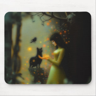 Black Cat Green Forest Occult Dark Witchy AI Art Mouse Mat