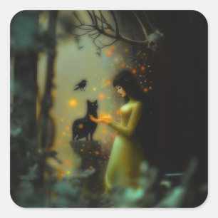 Black Cat Green Forest Occult Dark Witchy AI Art Square Sticker