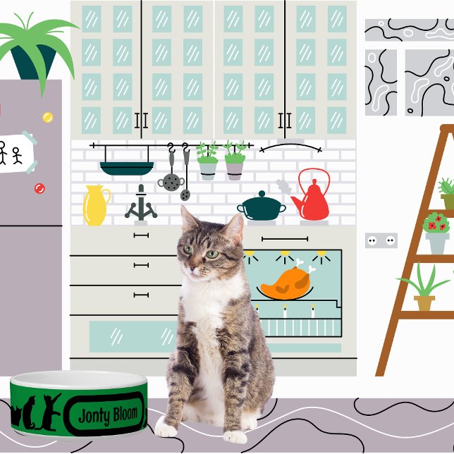 Black Cat Green Silhouette Pattern With Cat Name Bowl (Creator Uploaded)