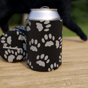 Black Cat Grey Paw Prints Personalised Can Cooler