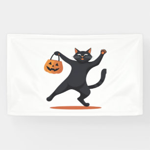 Black cat grooving at the Halloween bash, swinging Banner