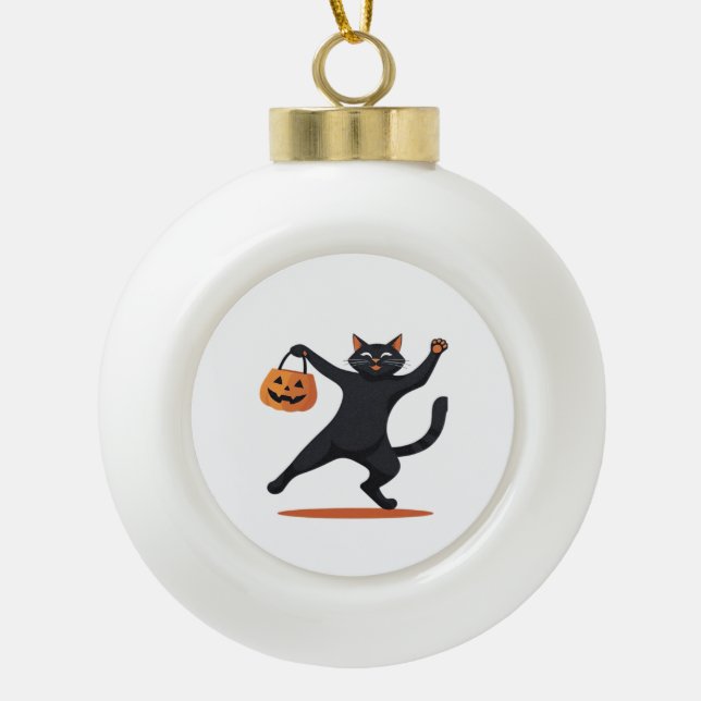 Black cat grooving at the Halloween bash, swinging Ceramic Ball Christmas Ornament (Front)