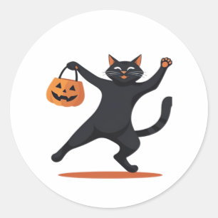 Black cat grooving at the Halloween bash, swinging Classic Round Sticker