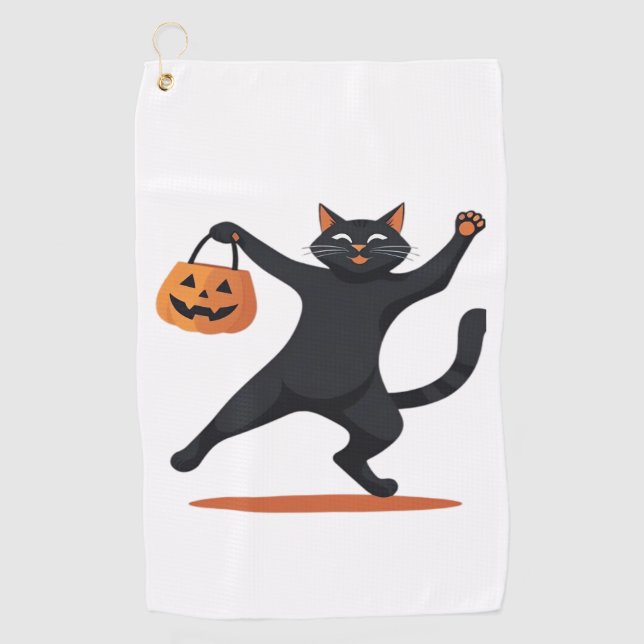 Black cat grooving at the Halloween bash, swinging Golf Towel (Front)