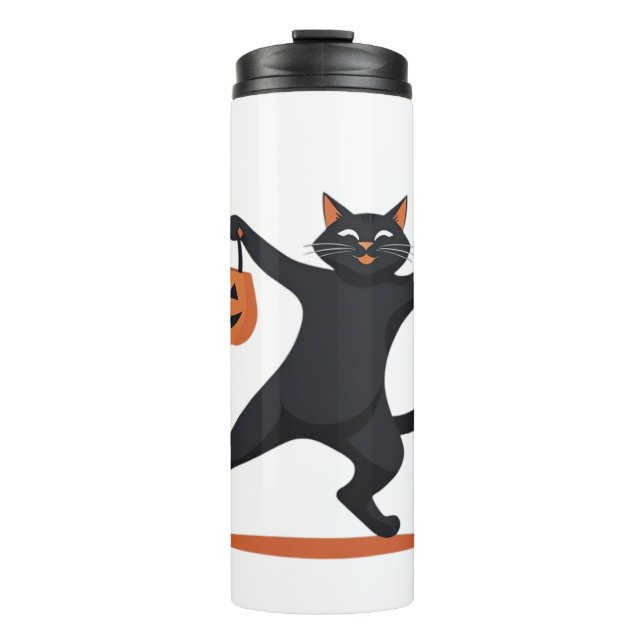 Black cat grooving at the Halloween bash, swinging Thermal Tumbler (Front)