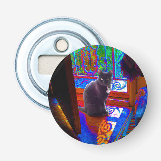 Black Cat Guards a Psychedelic Doorway Bottle Opener
