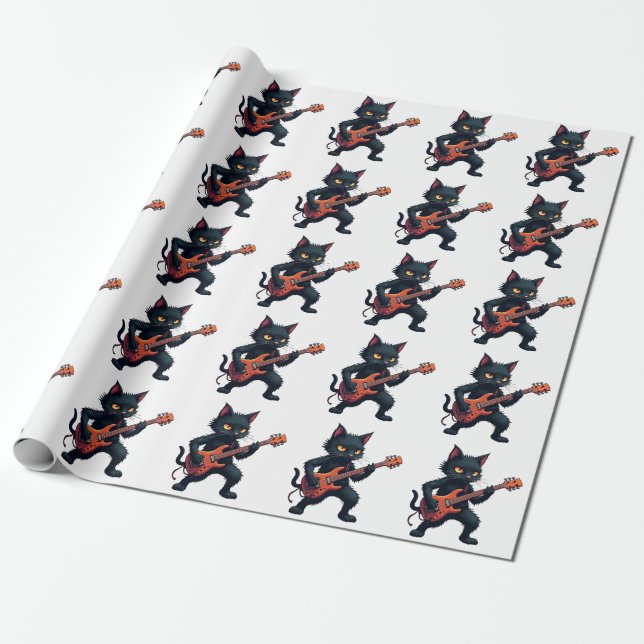 Black Cat Guitar Player Wrapping Paper (Unrolled)