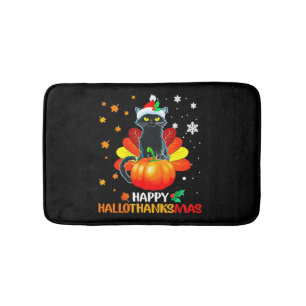 Black Cat Halloween And Merry Christmas Happy Hall Bath Mat