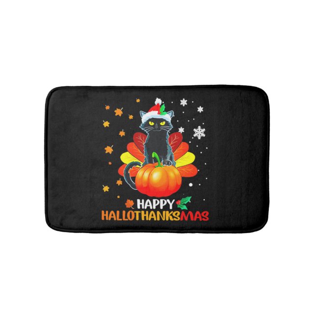 Black Cat Halloween And Merry Christmas Happy Hall Bath Mat (Front)