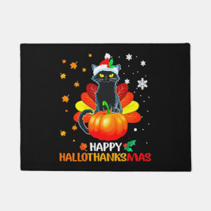 Black Cat Halloween And Merry Christmas Happy Hall Doormat