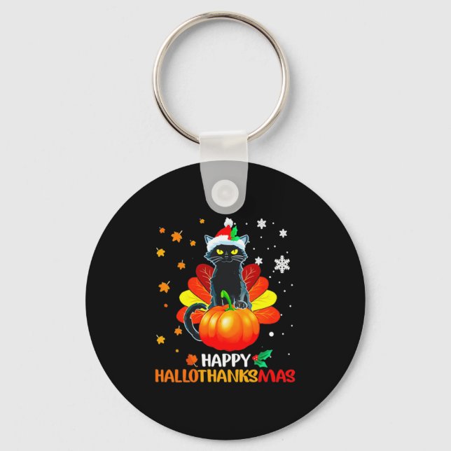 Black Cat Halloween And Merry Christmas Happy Hall Key Ring (Front)