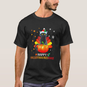 Black Cat Halloween And Merry Christmas Happy Hall T-Shirt