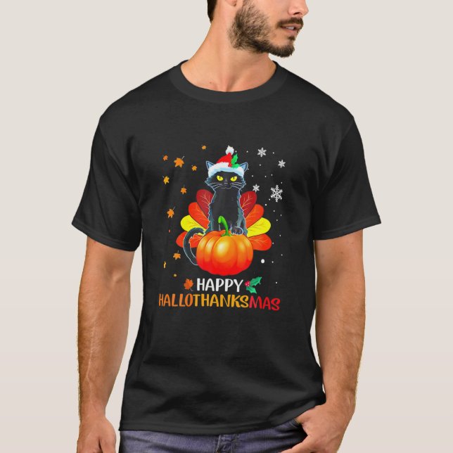 Black Cat Halloween And Merry Christmas Happy Hall T-Shirt (Front)